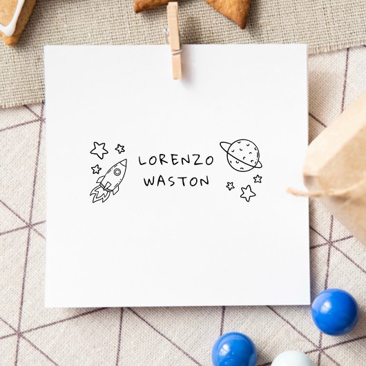 Custom Kids Name with Hand-Drawn Space Elements セルフインキングスタンプ