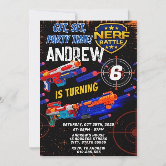 Custom Kids Nerf Birthday Invitation 招待状 (正面)