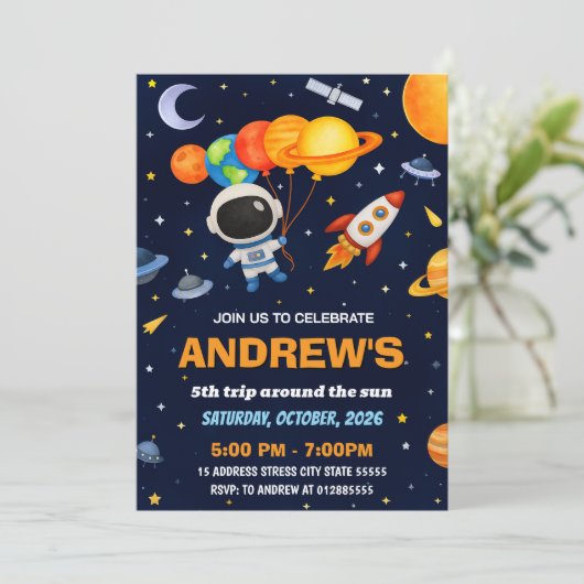 Custom Kids Outer Space Astronaut Birthday 招待状 (スタンド正面)