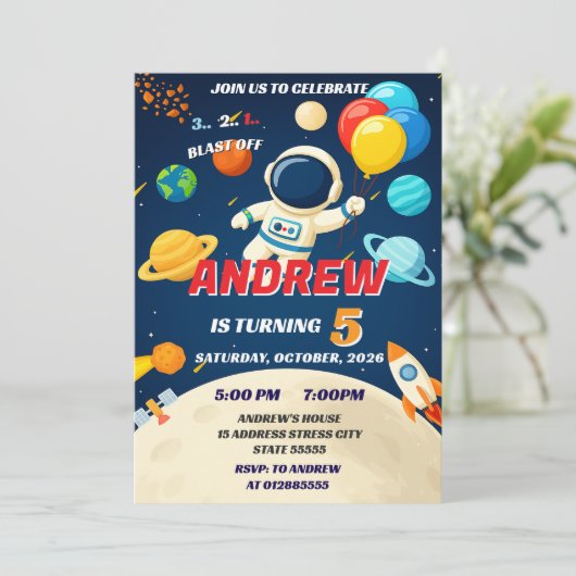 Custom Kids Outer Space Galaxy Blast Off Birthday 招待状 (スタンド正面)