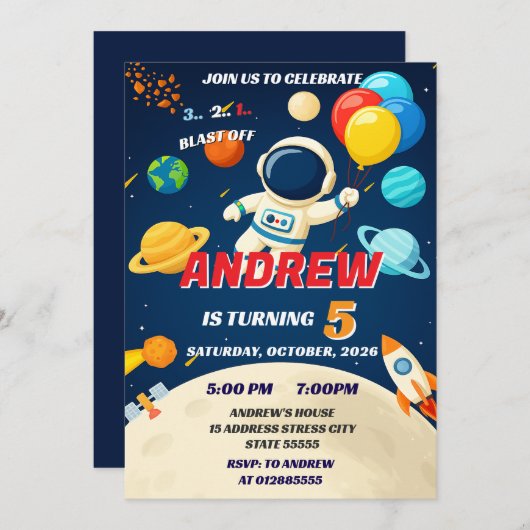 Custom Kids Outer Space Galaxy Blast Off Birthday  招待状 (正面/裏面)