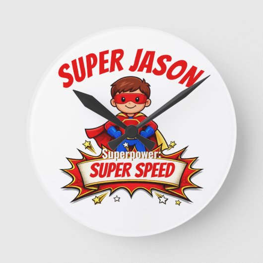 Custom Kids Superhero Name & Superpower ラウンド壁時計 (正面)