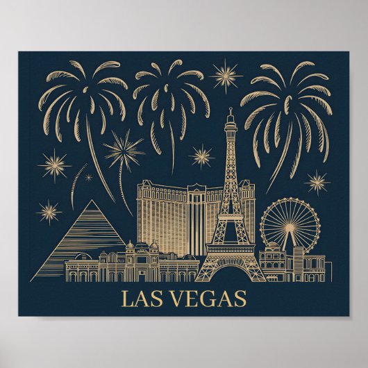 Custom Las Vegas Skyline Gold Line Art Travel ポスター (正面)