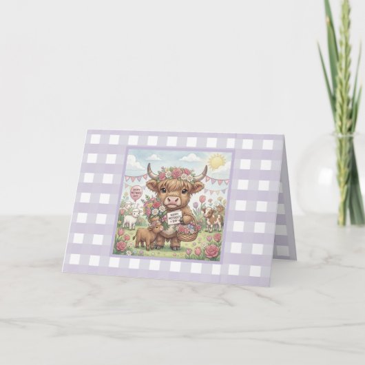 Custom Lavender Highland Cow Gingham Mother's Day カード (正面)