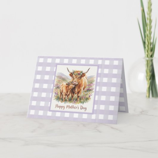 Custom Lavender Highland Cow Gingham Mother's Day カード (正面)
