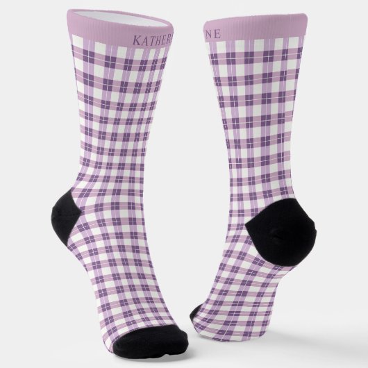 Custom Light Soft Pink Dark Purple Checkered  ソックス (傾斜あり)