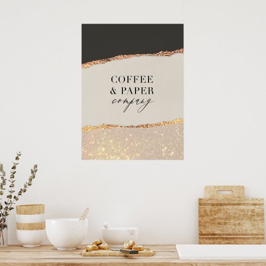 Custom Logo Business Sign Black Cream Gold Glitter ポスター (キッチン)