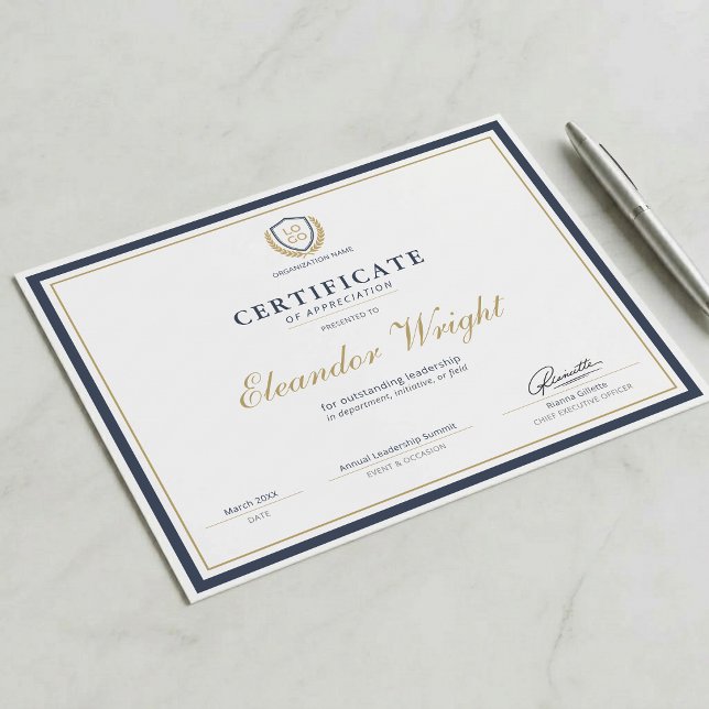 Custom Logo Certificate of Appreciation Navy Blue  (クリエイターアップロード済み)