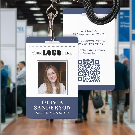 Custom logo employee name title photo QR blue ID バッジ