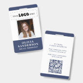 Custom logo employee name title photo QR blue ID バッジ (正面＆裏面)