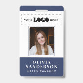 Custom logo employee name title photo QR blue ID バッジ (正面)
