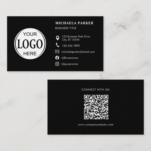 Custom Logo Icons Modern Black QR Code 名刺 (正面/裏面)