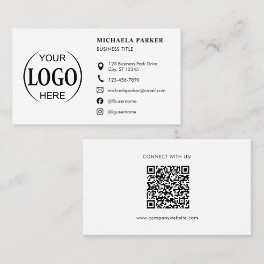 Custom Logo Icons Modern White QR Code 名刺 (正面/裏面)