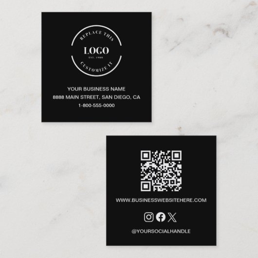 Custom Logo QR code Website Social icons black スクエア名刺 (正面/裏面)