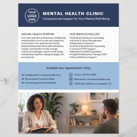Custom Logo QR Mental Health Clinic チラシ (正面)