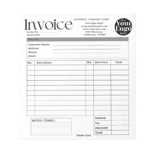 Custom Logo Small Business Invoice Sales Receipt O ノートパッド (正面)