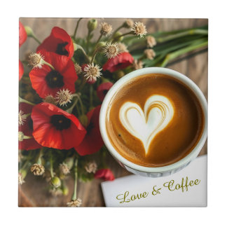 Custom Love & Coffee Cup with White Foam Heart タイル