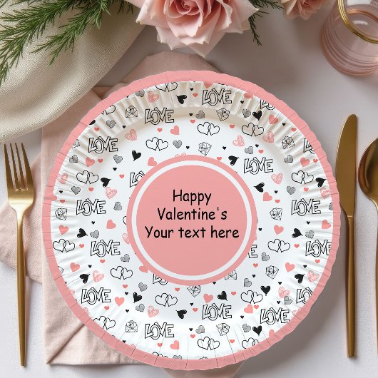 Custom Love Text Hearts Hand Drawn Valentine Plate ペーパープレート