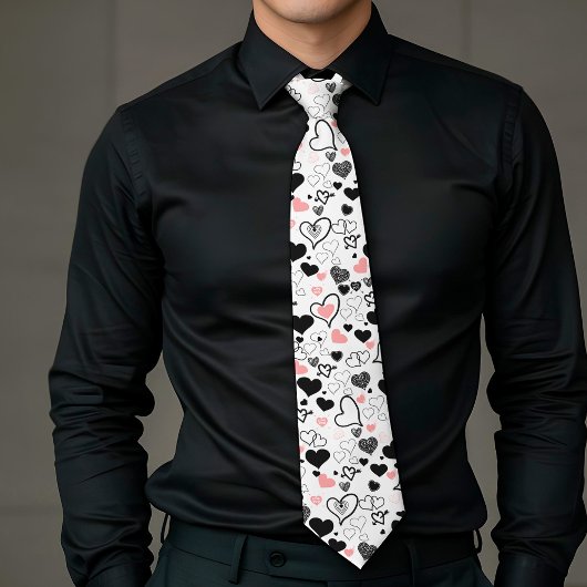 Custom Love Tie Pink Black Heart Sketch ネクタイ