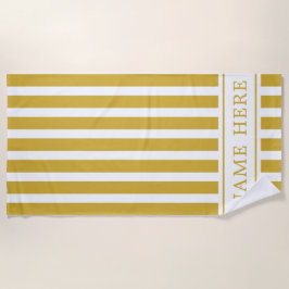 Custom M Gold White Striped Beach Towel with Name ビーチタオル