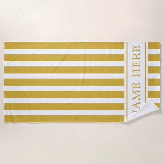 Custom M Gold White Striped Beach Towel with Name ビーチタオル (正面)