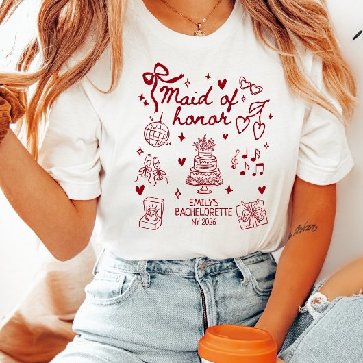 Custom Maid of Honor Coquette Red Bow Bachelorette Tシャツ