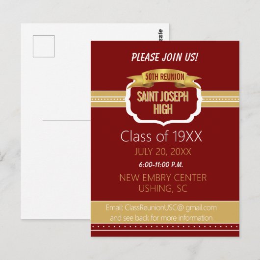 Custom Maroon 50th Class Reunion Invite ポストカード (正面/裏面)