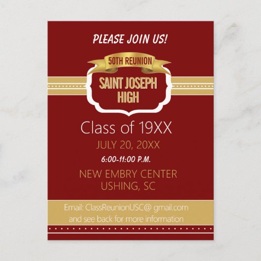 Custom Maroon 50th Class Reunion Invite ポストカード (正面)