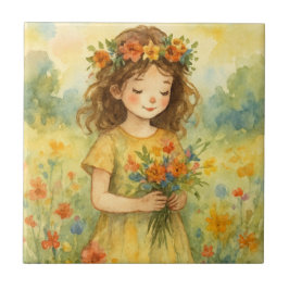 Custom meadow background Little girl Rustic art タイル