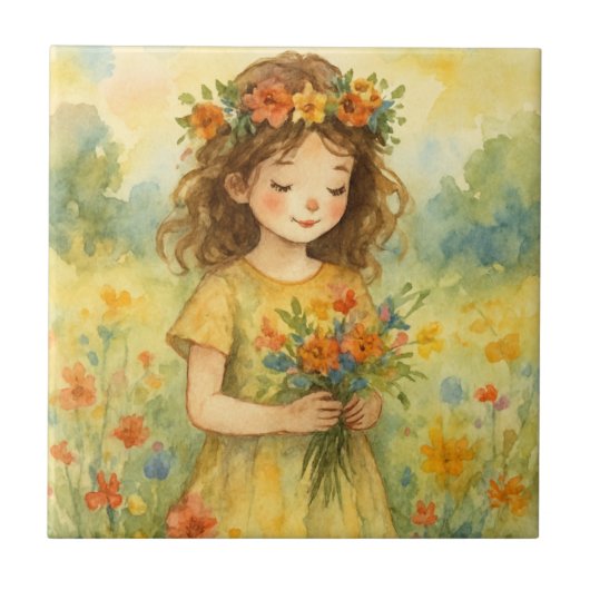 Custom meadow background Little girl Rustic art タイル (正面)