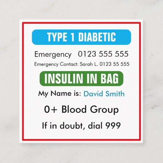 Custom Medical Alert Diabetic Card  スクエア名刺 (正面)