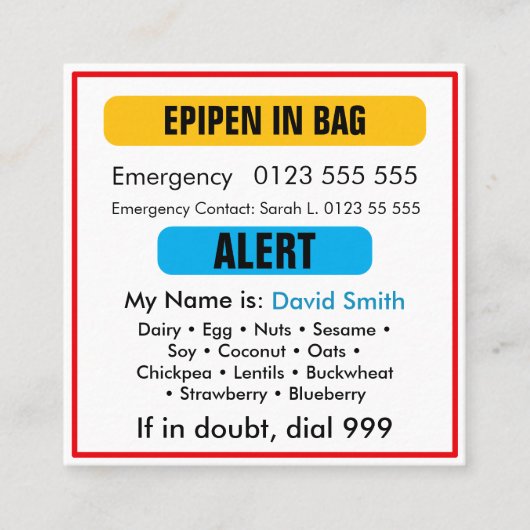 Custom Medical Alert Orange EpiPen Card  スクエア名刺 (正面)