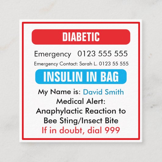 Custom Medical Alert Red Diabetic Card  スクエア名刺 (正面)