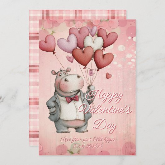 Custom Message Hippo Animal Valentines Day シーズンカード (正面/裏面)