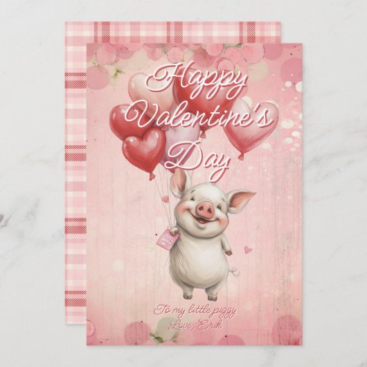 Custom Message Pig Animal Valentines Day シーズンカード (正面/裏面)