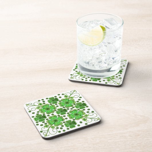 Custom Metallic Green Clover & Swirl Pattern  コースター (右側)
