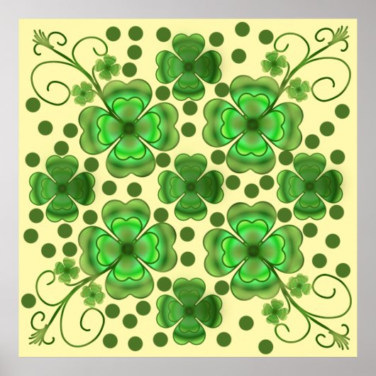 Custom Metallic Green Clover & Swirl Pattern  ポスター (正面)