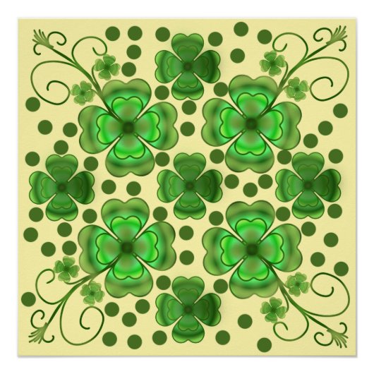Custom Metallic Green Clover & Swirl Pattern  ポスター (正面)