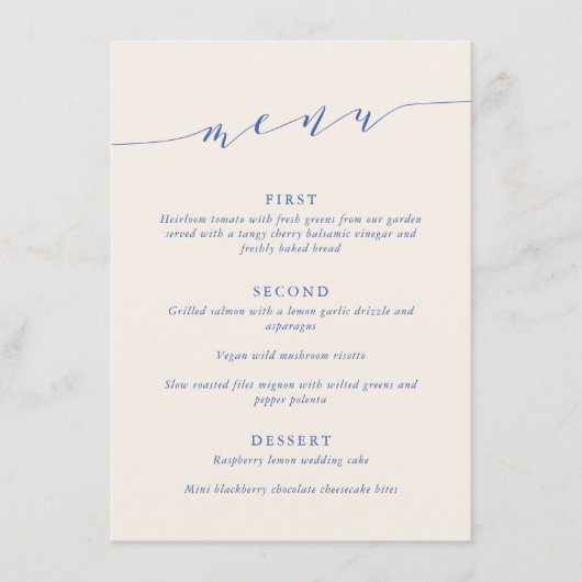 Custom Minimalist Classic Blue Wedding Dinner メニュー (正面)