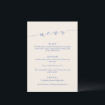 Custom Minimalist Classic Blue Wedding Dinner メニュー<br><div class="desc">This wedding menu sign features refined script lettering paired with classic serif typography in blue on a champagne background for a timeless, elevated look. The minimalist layout highlights each course clearly while adding a sophisticated design element to your reception space. Ideal for modern and stylish weddings, it complements elegant table...</div>