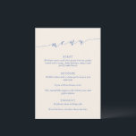 Custom Minimalist Classic Blue Wedding Dinner メニュー<br><div class="desc">This wedding menu sign features refined script lettering paired with classic serif typography in blue on a champagne background for a timeless, elevated look. The minimalist layout highlights each course clearly while adding a sophisticated design element to your reception space. Ideal for modern and stylish weddings, it complements elegant table...</div>