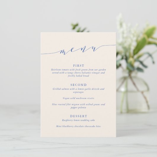 Custom Minimalist Classic Blue Wedding Dinner メニュー (スタンド正面)