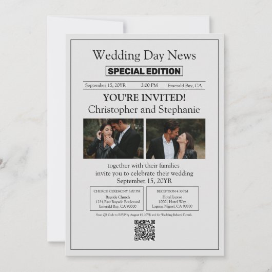 Custom Minimalist Modern Script Newspaper Wedding 招待状 (正面)