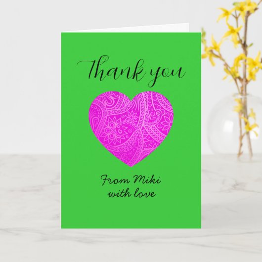 Custom Minimalist Modern Thank You Pink Heart カード (黄色い花)