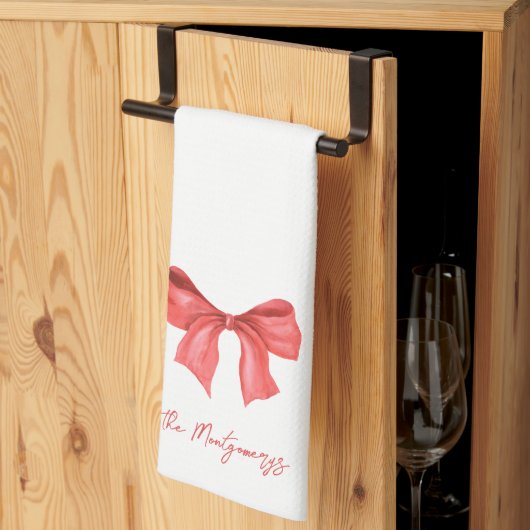 Custom Minimalistic Watercolor Red Ribbon Holiday キッチンタオル (三つ折り)