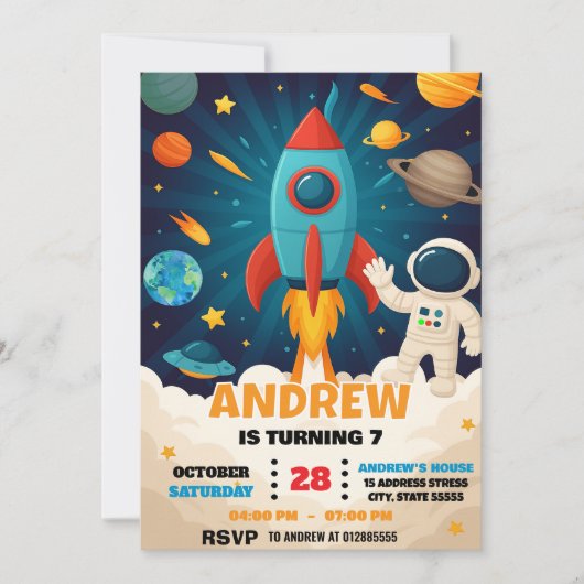 Custom Modern Astronaut Outer Space Birthday 招待状 (正面)