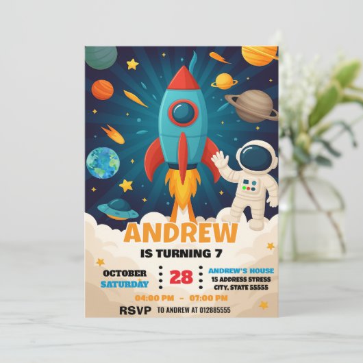 Custom Modern Astronaut Outer Space Birthday 招待状 (スタンド正面)