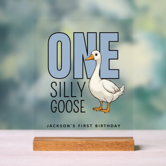 Custom Modern Blue One Silly Goose First Birthday アクリルサイン (ニュートラル)