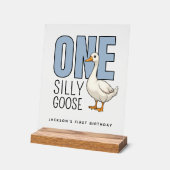 Custom Modern Blue One Silly Goose First Birthday アクリルサイン (傾斜)
