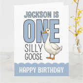 Custom Modern Blue One Silly Goose First Birthday カード (黄色い花)